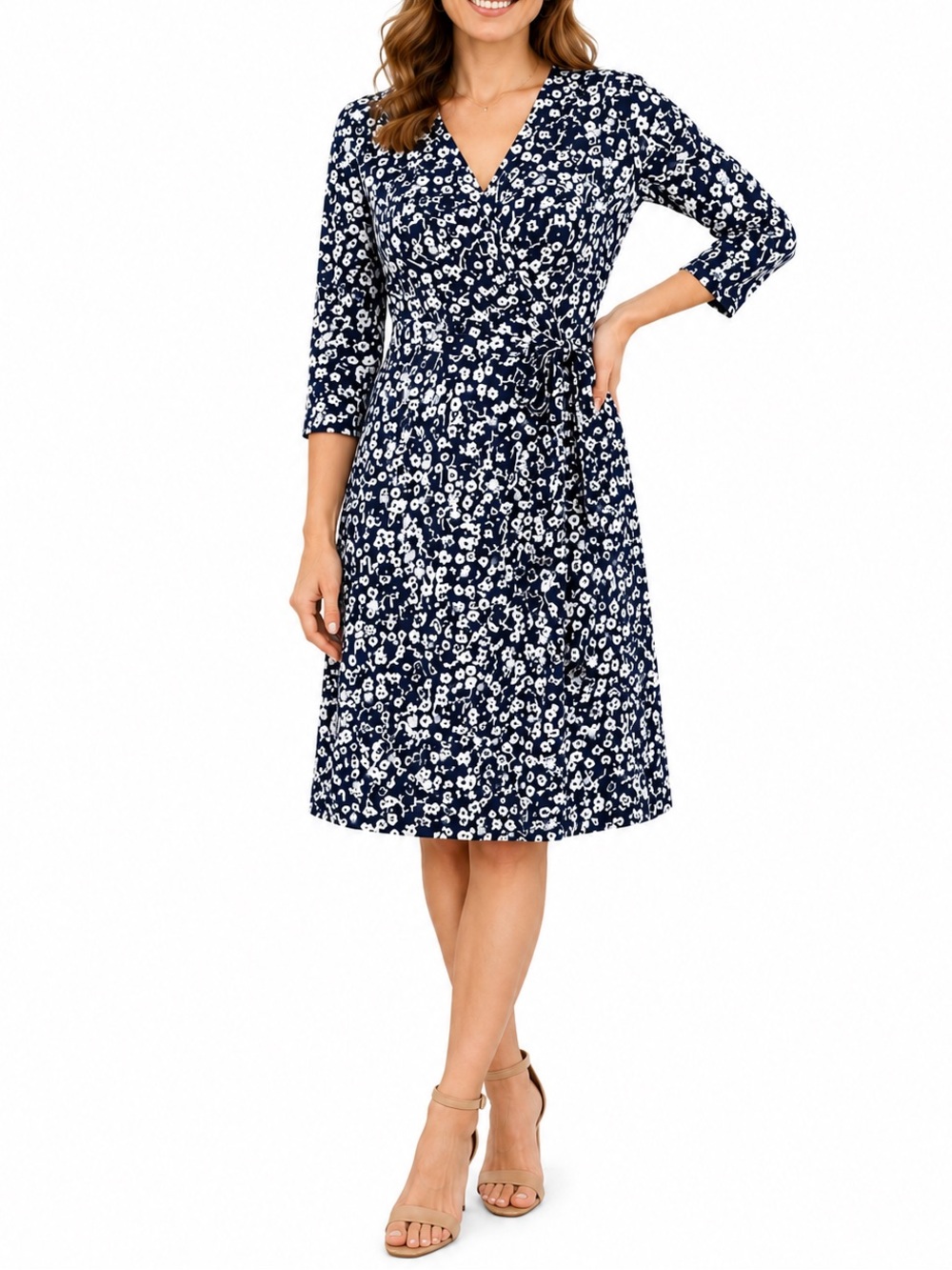 NEW! Berrydress Navy & White Floral Faux Wrap Dress Size Medium